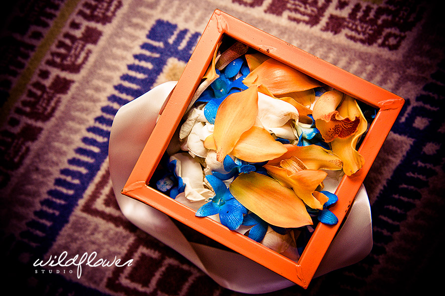 The flower girl's petals of tangerine and turquoise wedding colors